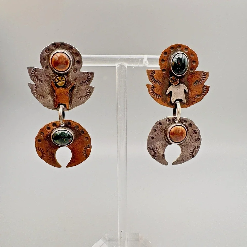 Vintage Native American Pierced Earrings Sterling Silver Copper Signed AS Onyx